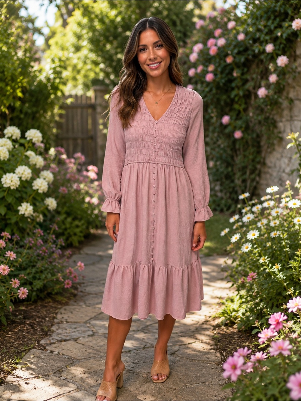 Grace Karin Dusty Rose Smocked V-Neck Long Sleeve Midi Dress
